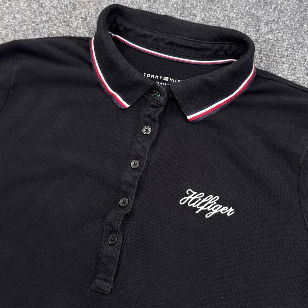 Tommy Hilfiger Polo Shirt Top Womens Size Small Black Script Logo Casual